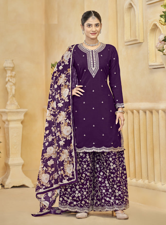 purple roman silk embroidered readymade palazzo suit