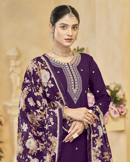 purple roman silk embroidered readymade palazzo suit