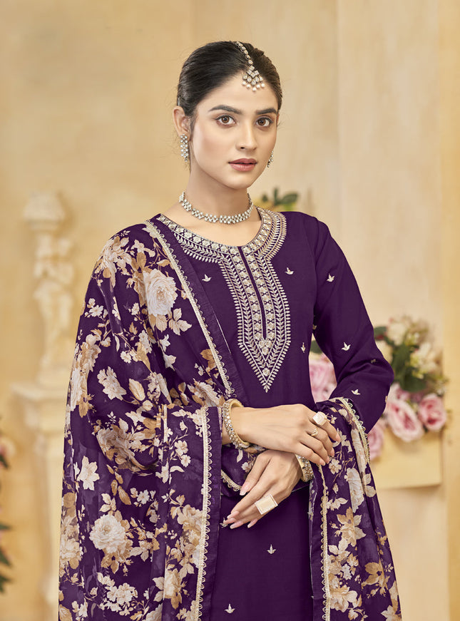 purple roman silk embroidered readymade palazzo suit