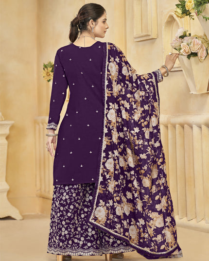 purple roman silk embroidered readymade palazzo suit