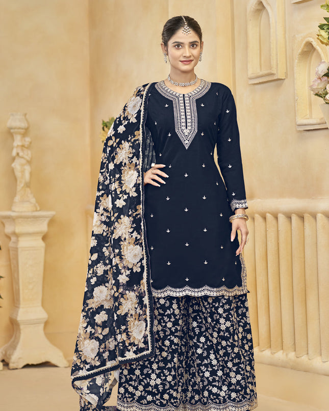 midnight blue roman silk embroidered readymade palazzo suit