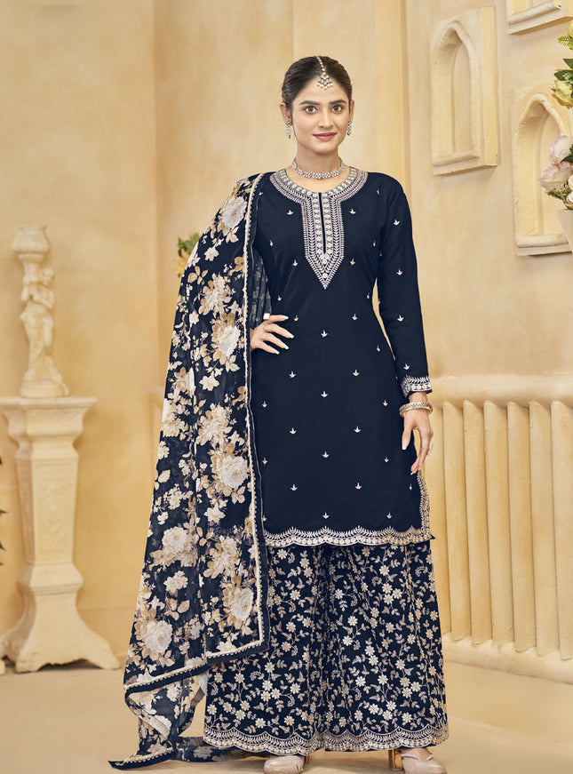 midnight blue roman silk embroidered readymade palazzo suit