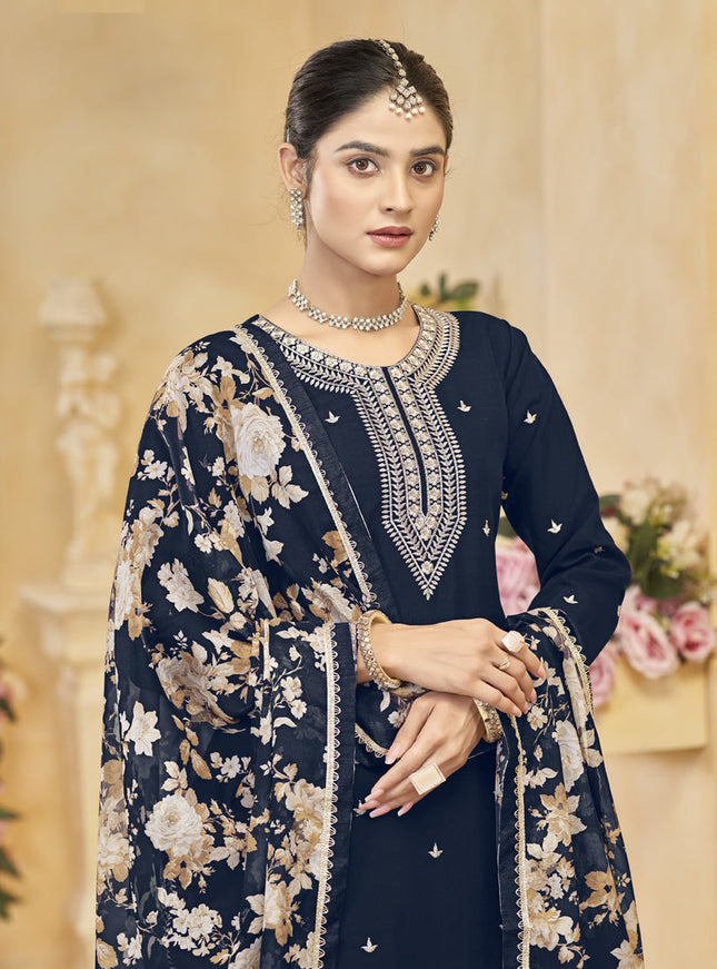 midnight blue roman silk embroidered readymade palazzo suit