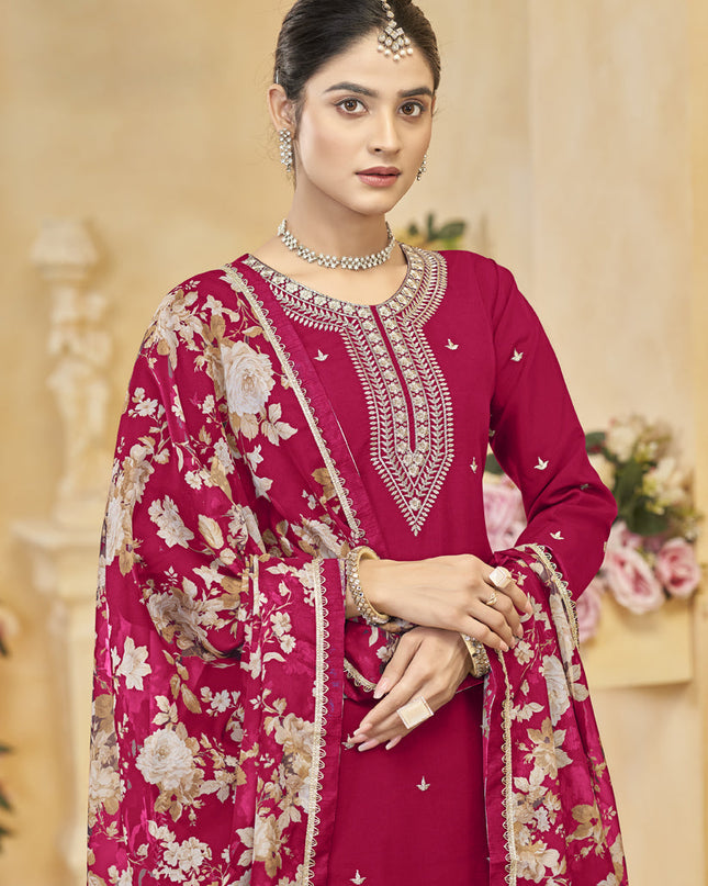 pink roman silk embroidered readymade palazzo suit