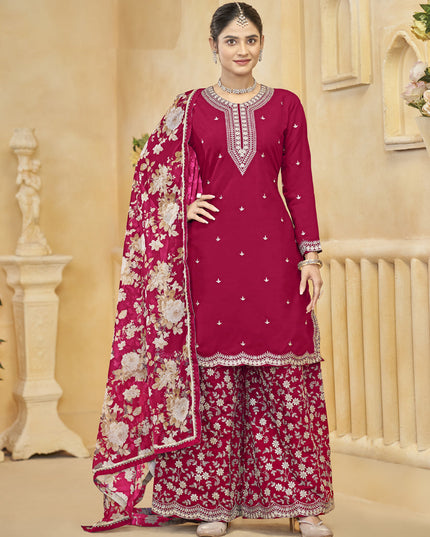 pink roman silk embroidered readymade palazzo suit
