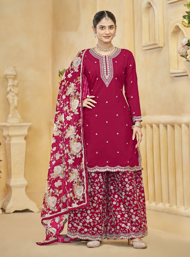 pink roman silk embroidered readymade palazzo suit