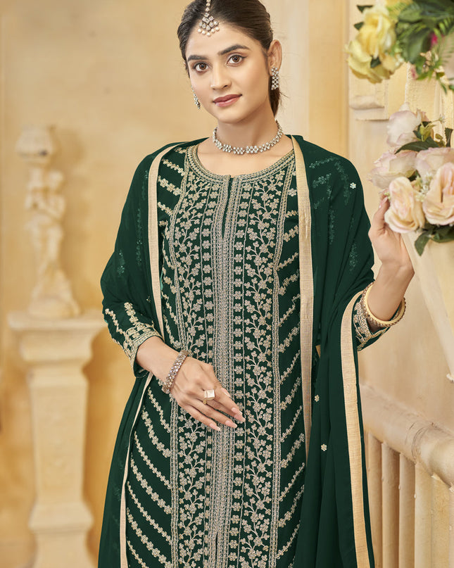 pine green faux georgette embroidered readymade sarara kameez