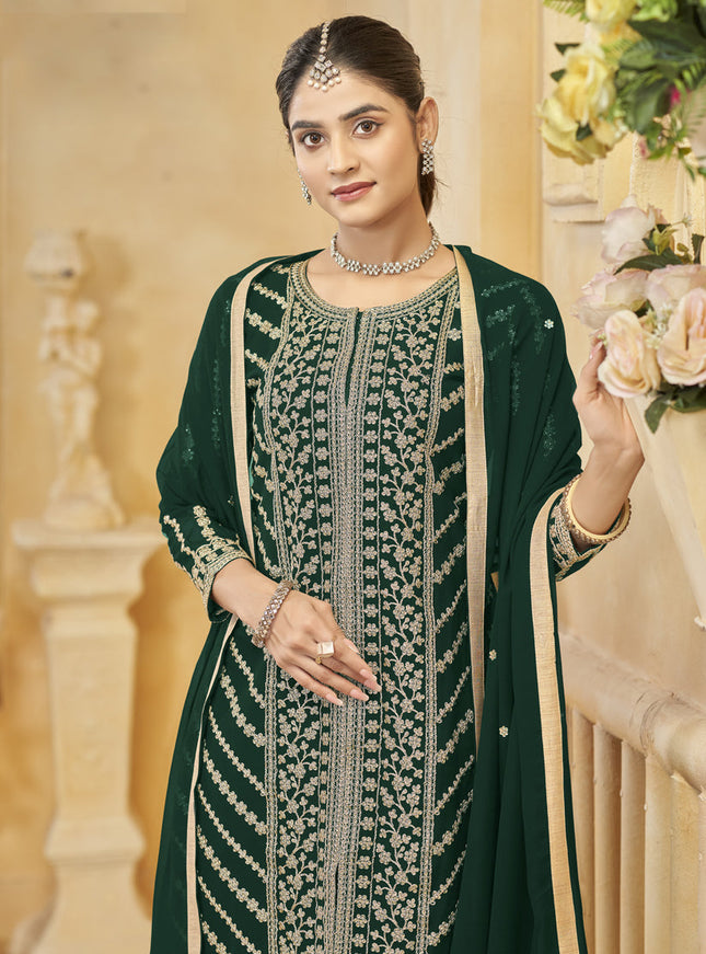 pine green faux georgette embroidered readymade sarara kameez