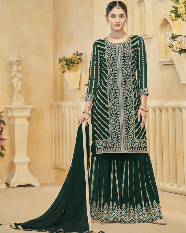 pine green faux georgette embroidered readymade sarara kameez