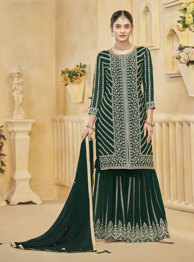 pine green faux georgette embroidered readymade sarara kameez