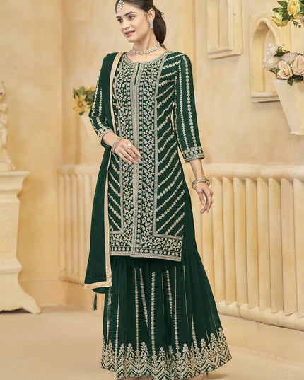 pine green faux georgette embroidered readymade sarara kameez