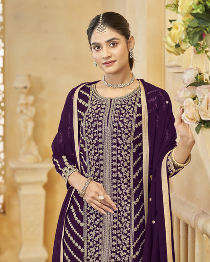 wine faux georgette embroidered readymade sarara kameez