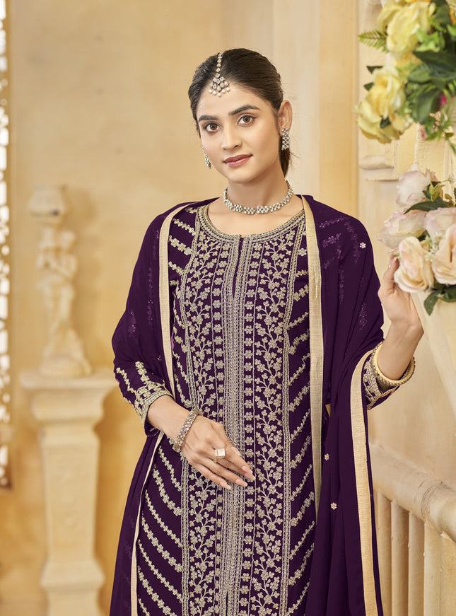 wine faux georgette embroidered readymade sarara kameez