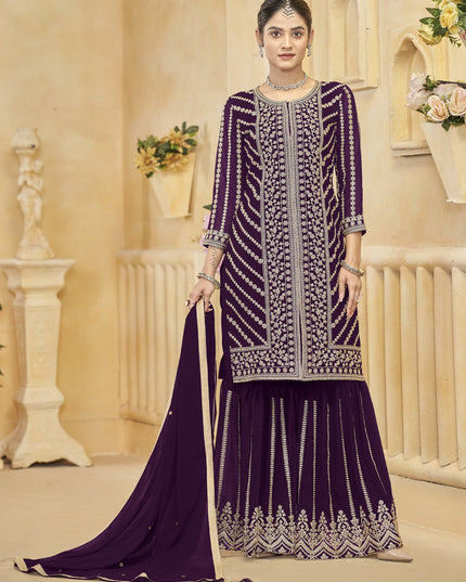 wine faux georgette embroidered readymade sarara kameez