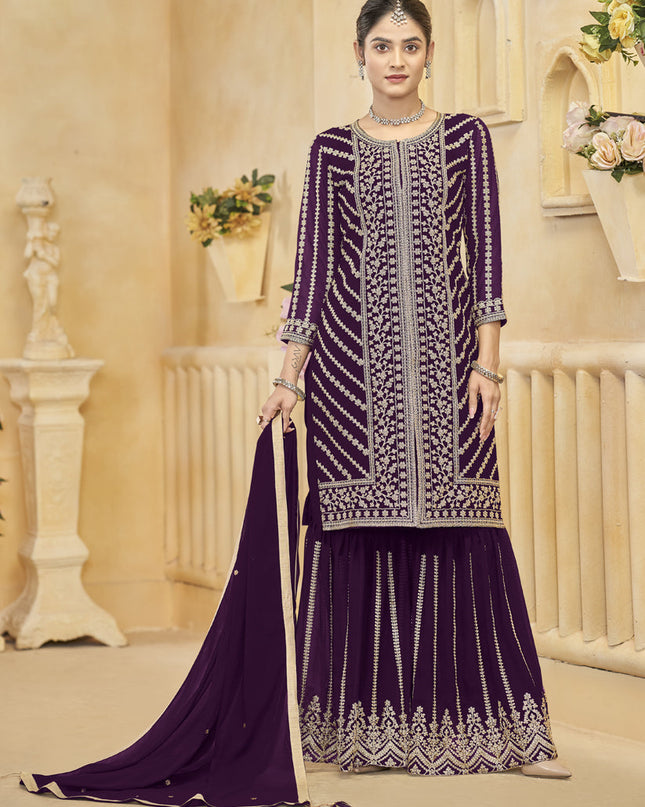 wine faux georgette embroidered readymade sarara kameez