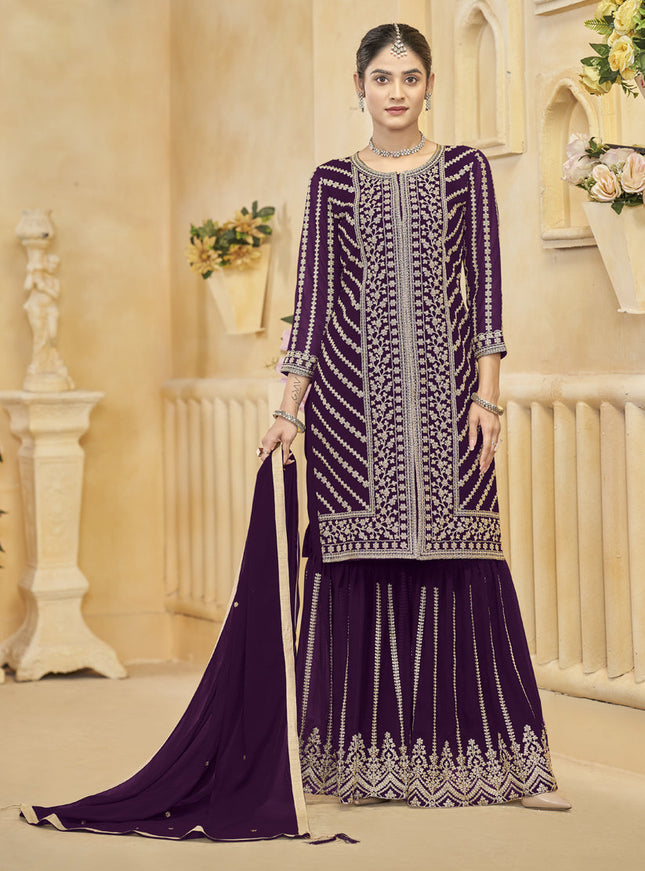 wine faux georgette embroidered readymade sarara kameez