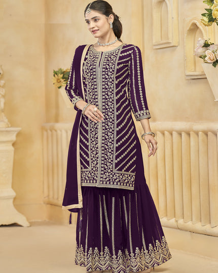 wine faux georgette embroidered readymade sarara kameez