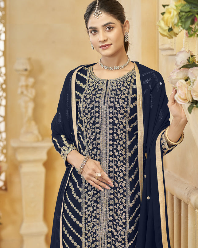 midnight blue faux georgette embroidered readymade sarara kameez