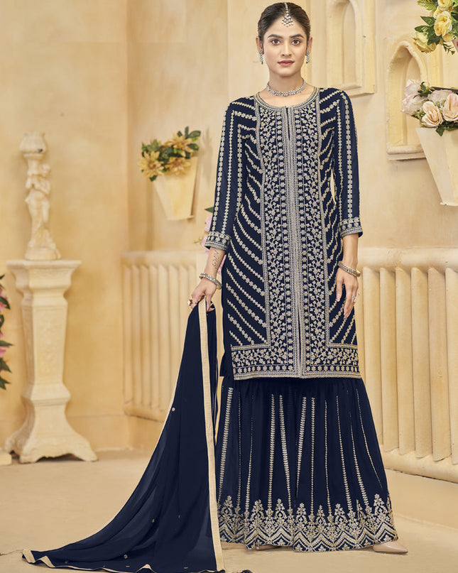 midnight blue faux georgette embroidered readymade sarara kameez