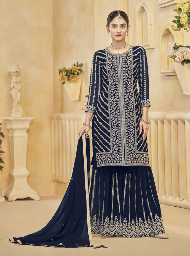 midnight blue faux georgette embroidered readymade sarara kameez