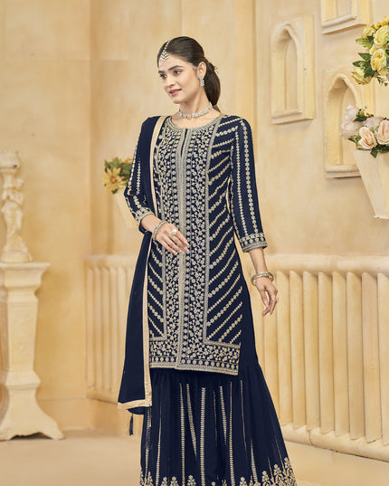 midnight blue faux georgette embroidered readymade sarara kameez