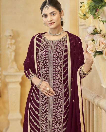 maroon faux georgette embroidered readymade sarara kameez