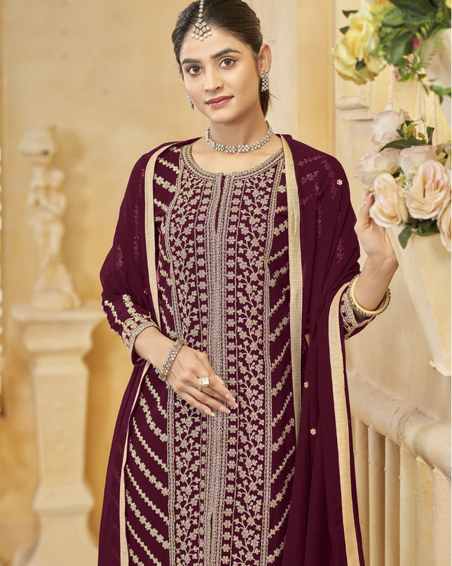 maroon faux georgette embroidered readymade sarara kameez