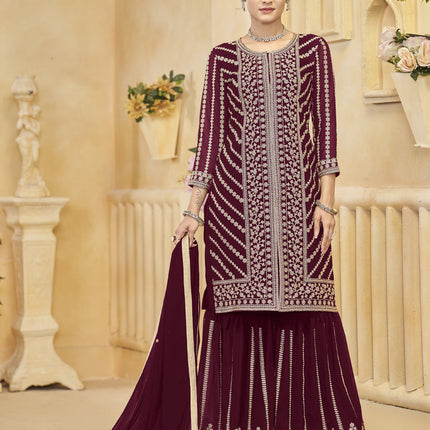 maroon faux georgette embroidered readymade sarara kameez