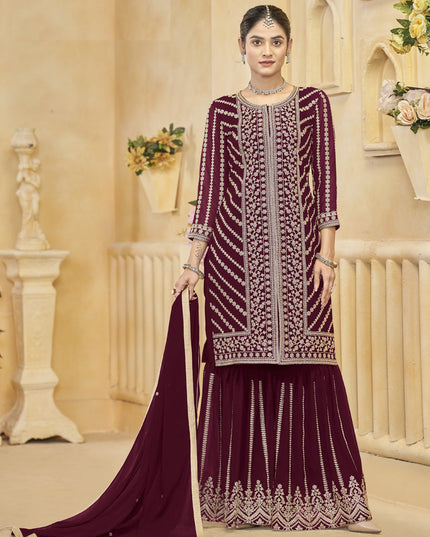 maroon faux georgette embroidered readymade sarara kameez