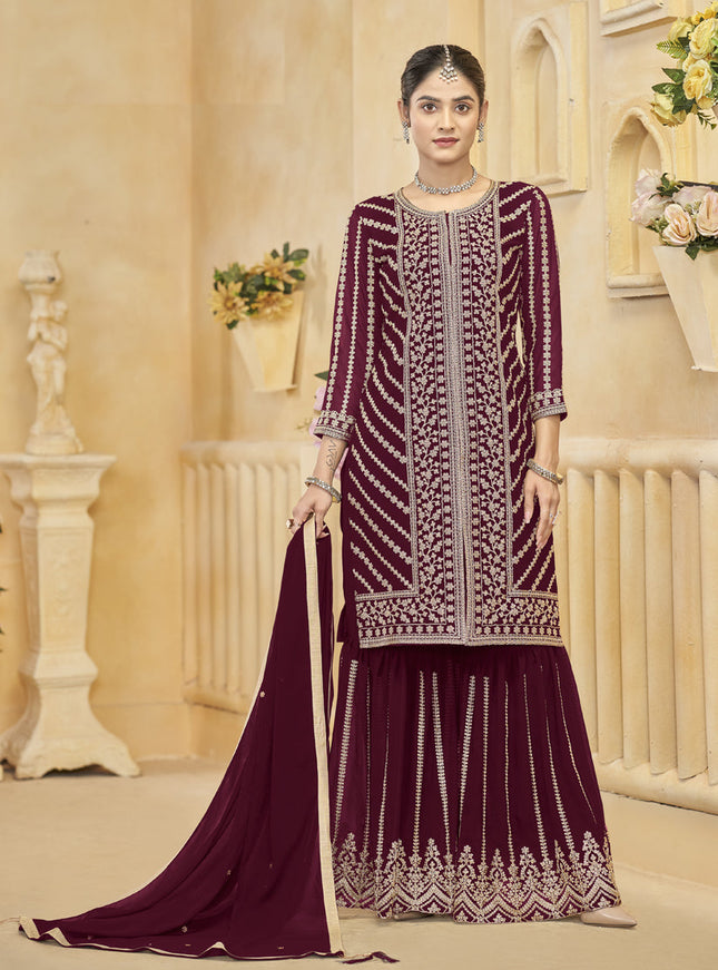 maroon faux georgette embroidered readymade sarara kameez