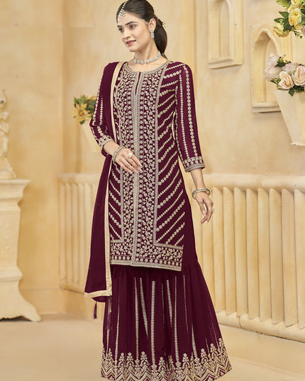 maroon faux georgette embroidered readymade sarara kameez