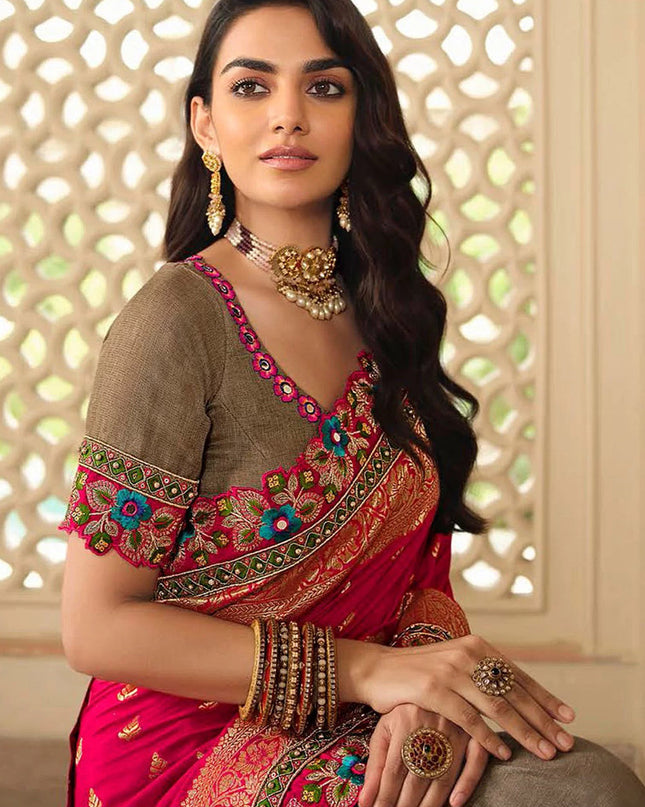 Rani Pink & Beige Silk Embroidered Wedding Saree