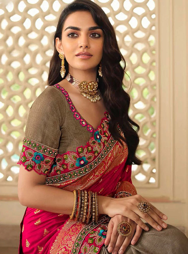 Rani Pink & Beige Silk Embroidered Wedding Saree