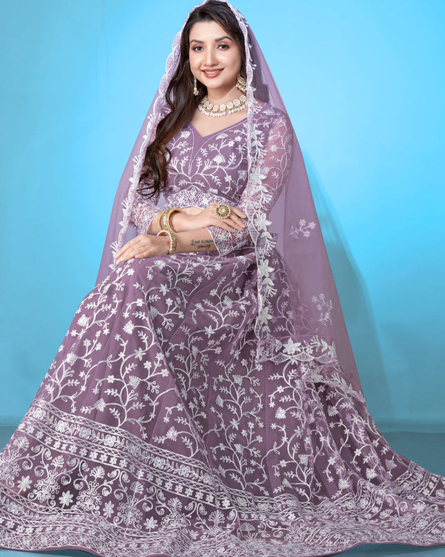 Mauve Net Embroidered Festival Lehenga Choli Set