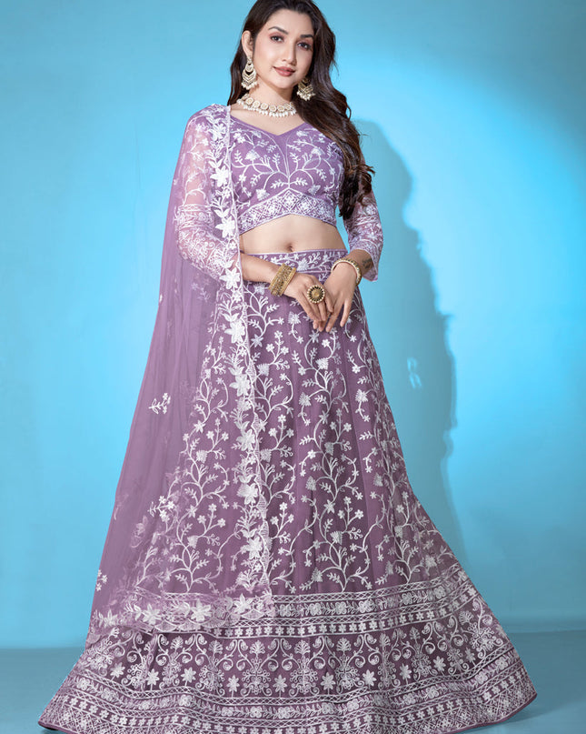 Mauve Net Embroidered Festival Lehenga Choli Set