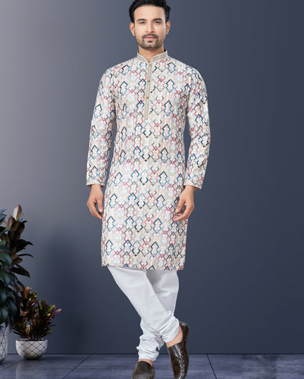 Multicolor Rayon Lucknowi Mens Kurta Pajama Set