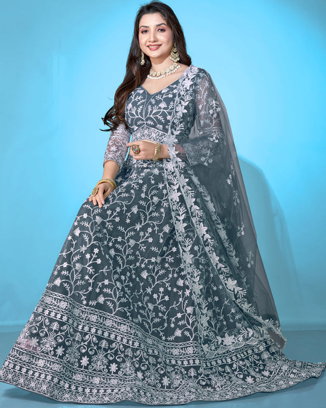 Slate Grey Net Embroidered Festival Lehenga Choli Set