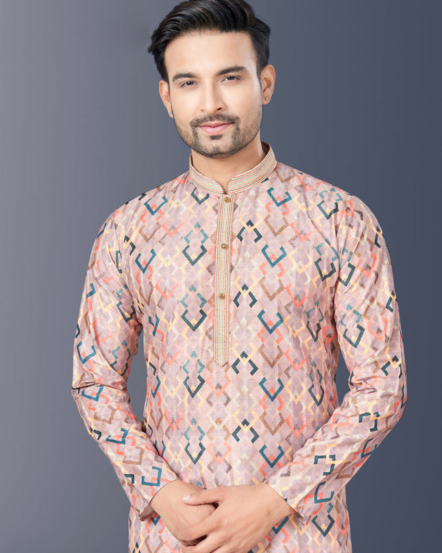 Coral Pink Rayon Lucknowi Mens Kurta Pajama Set