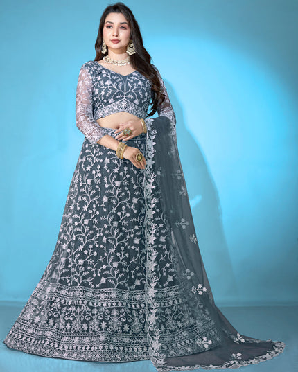 Slate Grey Net Embroidered Festival Lehenga Choli Set