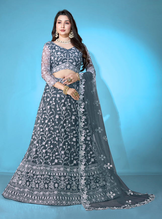 Slate Grey Net Embroidered Festival Lehenga Choli Set