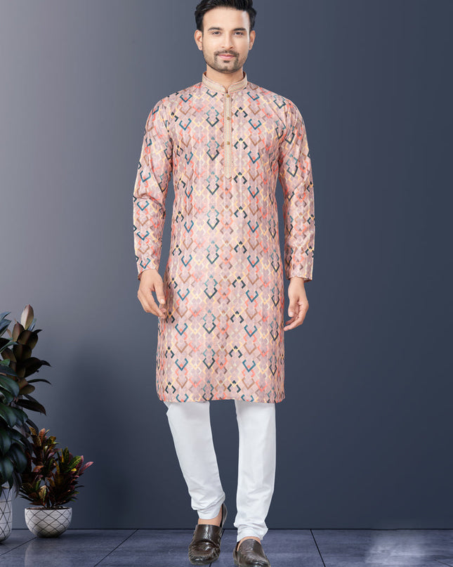 Coral Pink Rayon Lucknowi Mens Kurta Pajama Set