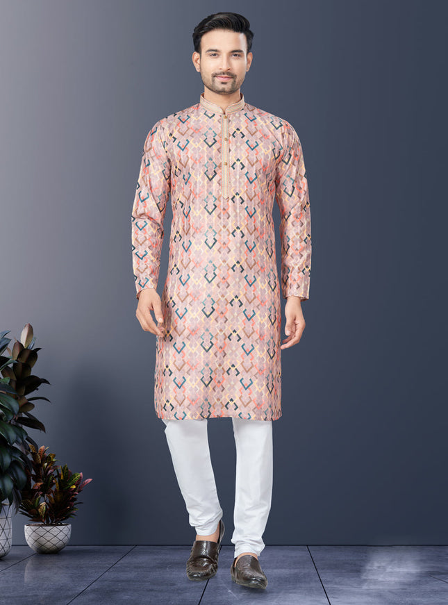 Coral Pink Rayon Lucknowi Mens Kurta Pajama Set