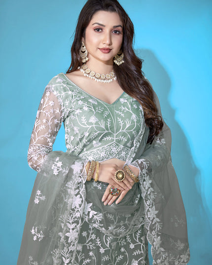 Moss Grey Net Embroidered Festival Lehenga Choli Set