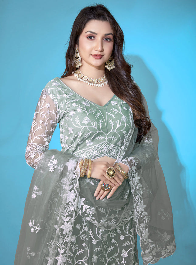 Moss Grey Net Embroidered Festival Lehenga Choli Set