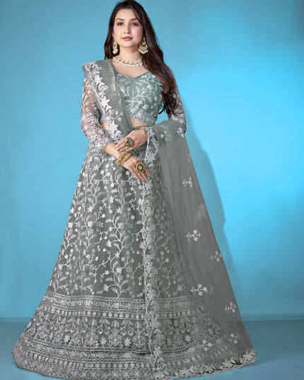 Moss Grey Net Embroidered Festival Lehenga Choli Set