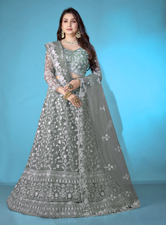Moss Grey Net Embroidered Festival Lehenga Choli Set