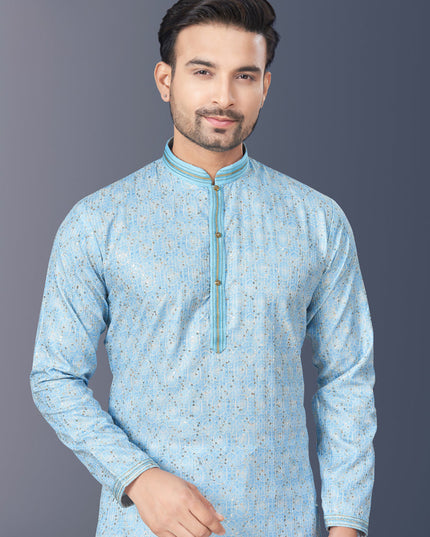Sky Blue Rayon Lucknowi Mens Kurta Pajama Set