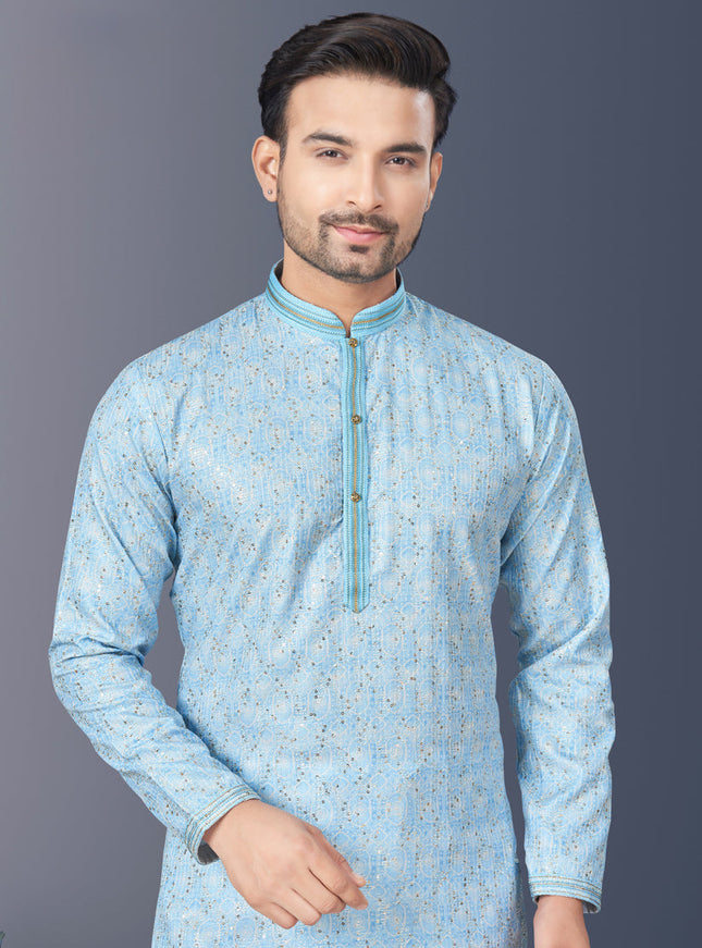 Sky Blue Rayon Lucknowi Mens Kurta Pajama Set
