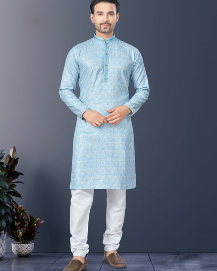 Sky Blue Rayon Lucknowi Mens Kurta Pajama Set