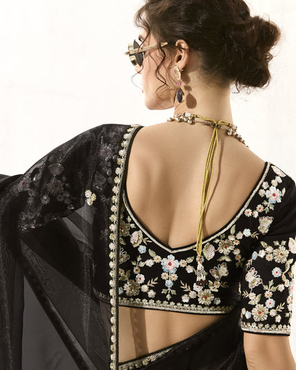 Pretty Black Tissue Embroidered Designer Wedding Saree